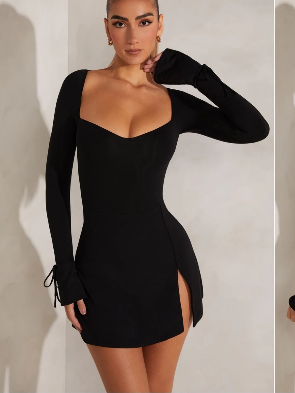Oh Polly Black Long-Sleeve Mini Dress with Side Slit